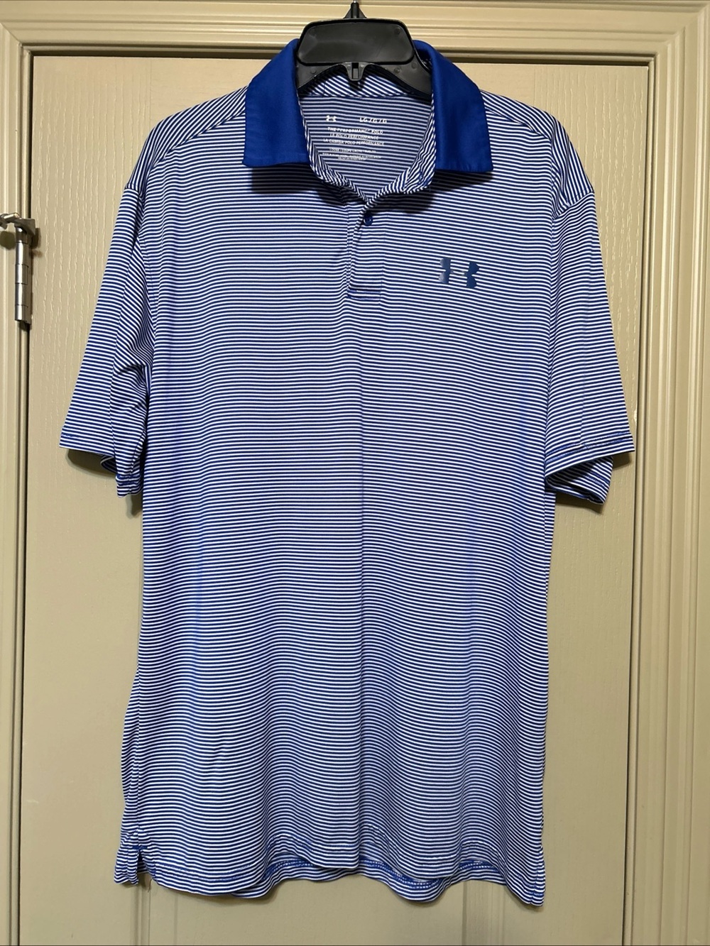 Under Armour Polo Shirt Mens Large Blue‎ Striped Heatgear Short Sleeve Collared